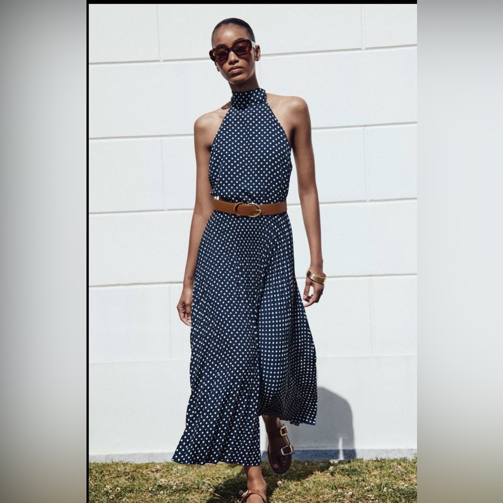 NWT Zara Women’s Polka Dot Midi Halter Dress Blue & White Belted XS 3555